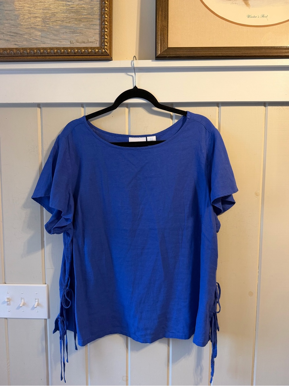 NWT Martha Stewart Royal Blue Flutter Sleeve Tie-Side Linen Blend Top, Size 1X